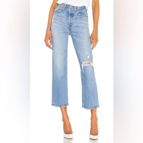 Levi’s Ribcage Straight Ankle Jeans Distressed Light Wash Size 26 - Picture 1 of 8